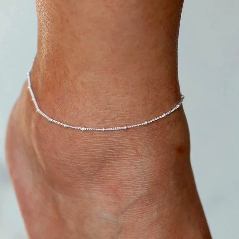 Kyerlyn Dainty Anklets for Women Sterling Silver Satellite Chain Ankle Bracelets for Women Waterproof Adjustable Chain Silver Beaded Anklet Simple Fashion Summer Beach Gift - Image 5